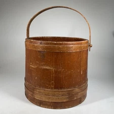 Antique Firkin Sugar Sap Wooden Bucket Barrel with Handle 14” X  14” No Lid