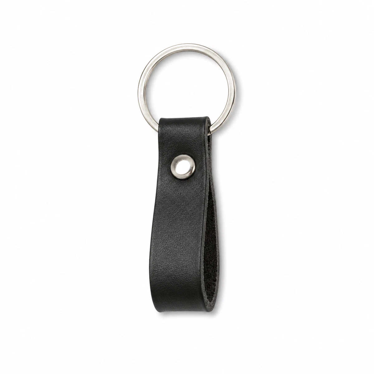 Black Leather Loop Keychain with Silver Tone Ring Unisex Key Holder S173