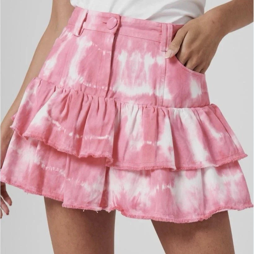 LoveShackFancy Women'S Landen Tie Dye Pink White Tiered Mini Short Skirt S 4