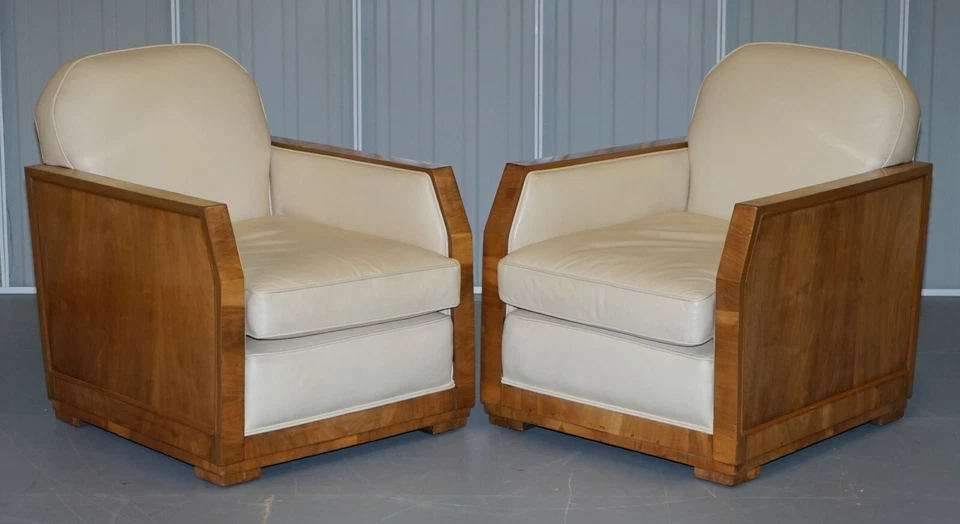 ART DECO HARRY & LOU EPSTEIN WALNUT & CREAM LEATHER SUITE SOFA & ARMCHAIRS PAIR - Image 2 of 4