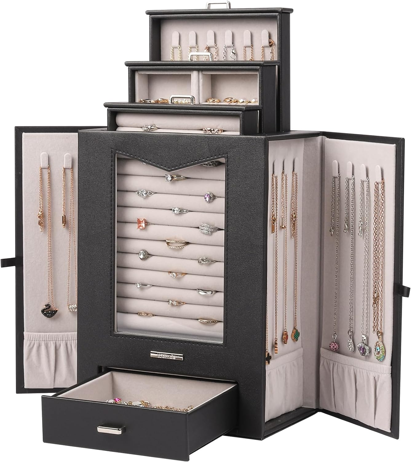 Elegant Jewelry Organizer with Clear Window & Hooks - Perfect Gift for Women-image