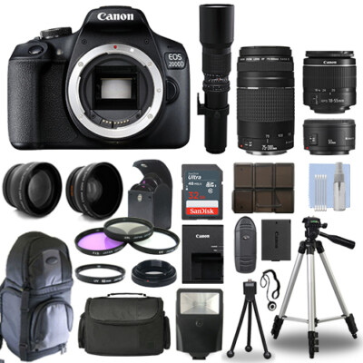 Canon EOS 2000D / T7 DSLR + 6 Lens 18-55mm, 75-300mm, 50mm, 500mm+