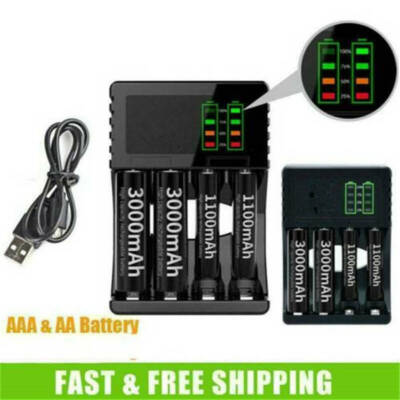 4 Slots Akku Ladegerät Charger für AA AAA NI-MH NI-CD Batterie mit USB Kabel LED