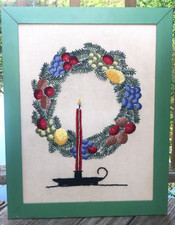 Custom wood frame needlepoint wreath with candlelight 27.5” X 21.5” vintage