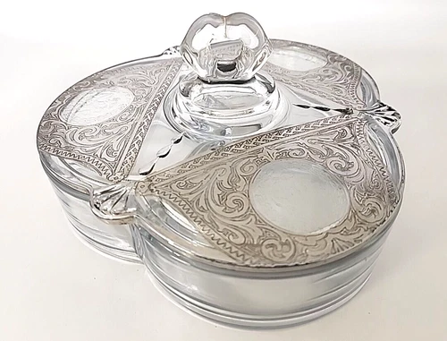 Depression Glass Silver Overlay Divided Candy Dish Trinket Women Etching READ!