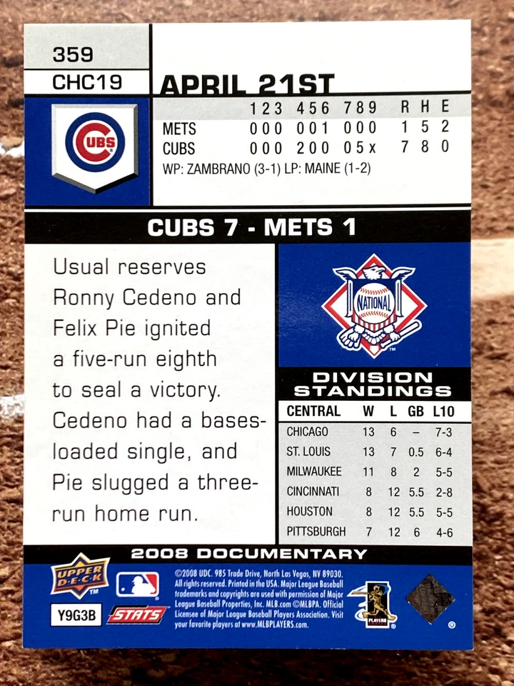 2008 Upper Deck Documentary Kerry Wood #359 - Image 2 of 2