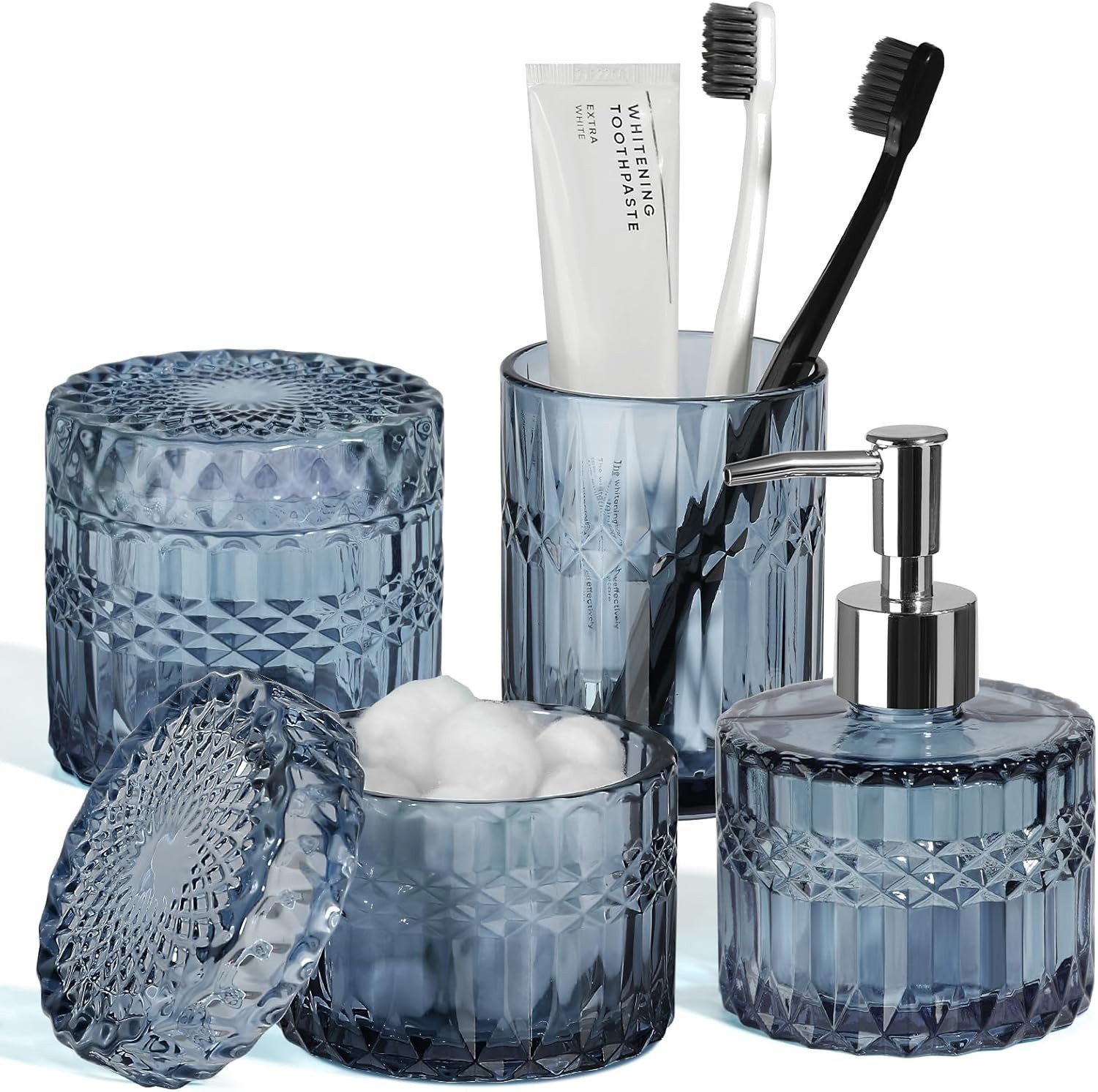 Blue Bathroom Accessories 4Pcs, Diamond Glass Bathroom Accessory Set, Bathroom S