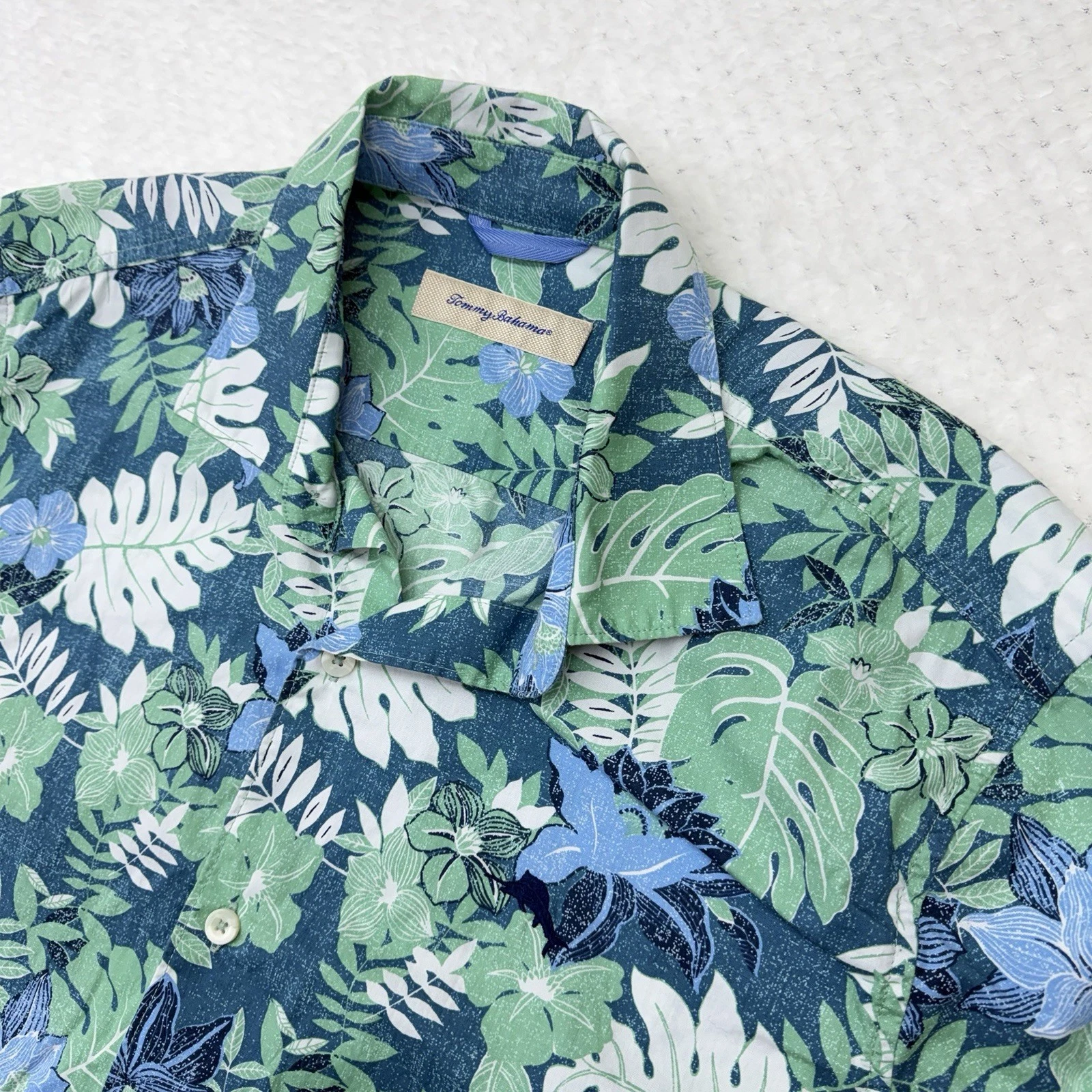 Tommy Bahama Mens L Camp Shirt Green Blue Tropical Floral Cotton Button Front
