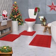 LuxUrux 4 Piece Complete Red Bathroom Set Microfiber Bath Rugs with Toilet Lid