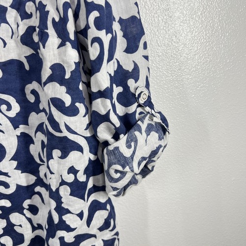 JM Collection Linen Blouse 20W Blue White Scroll Print Button Front Roll Tab - Picture 6 of 9