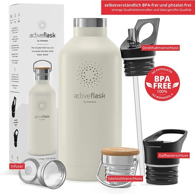 BeMaxx Trinkflasche Edelstahl ACTIVE FLASK creme Bamboo-Verschluss 530ml