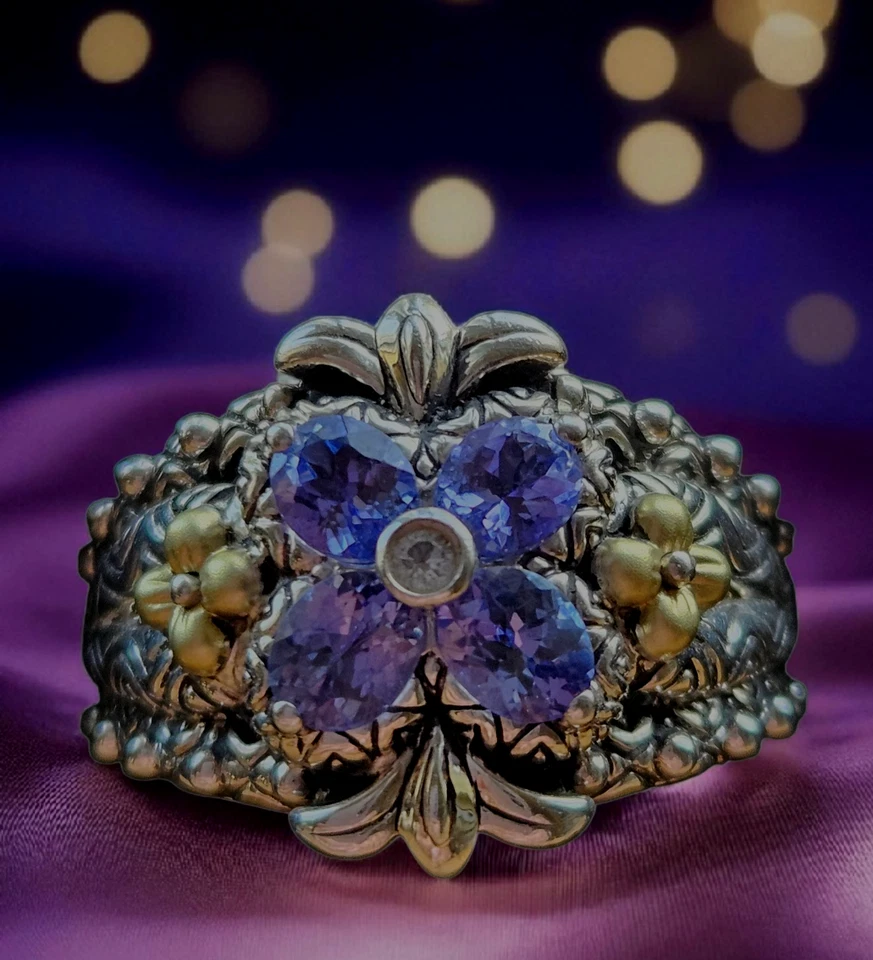 Anillo Barbara Bixby Plata de Ley 925 Oro 18k Iolita/Topacio Blanco Firmado Talla 9 Foto 2 de 4