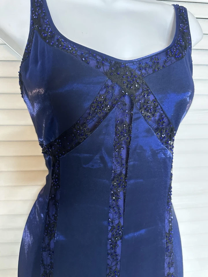 Maxi Vestido Formal Sin Mangas De Encaje Con Cuentas Iredescentes Azul Marino Años 90 Y2K Hada Gótico 8 Foto 2 de 4