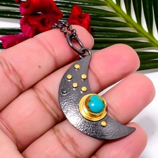 Turquoise Crescent Moon 925 Sterling Silver Chain Pendant 18-22" Sku31
