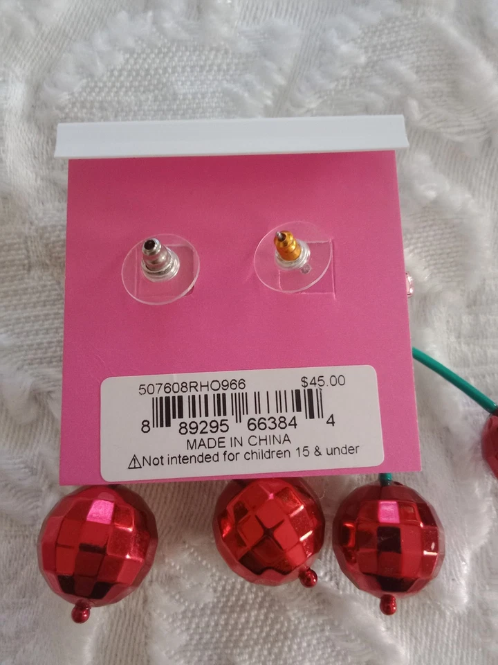 Pendientes colgantes Betsey Johnson bola discoteca cereza roja y rosa brillante con lazo • ¡Nuevos! Foto 4 de 4