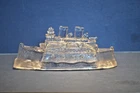 "REMEMBER THE MAINE" SHIP GLASS CANDY CONTAINER.  CA 1930'S  5 1/2" L. Has Candy