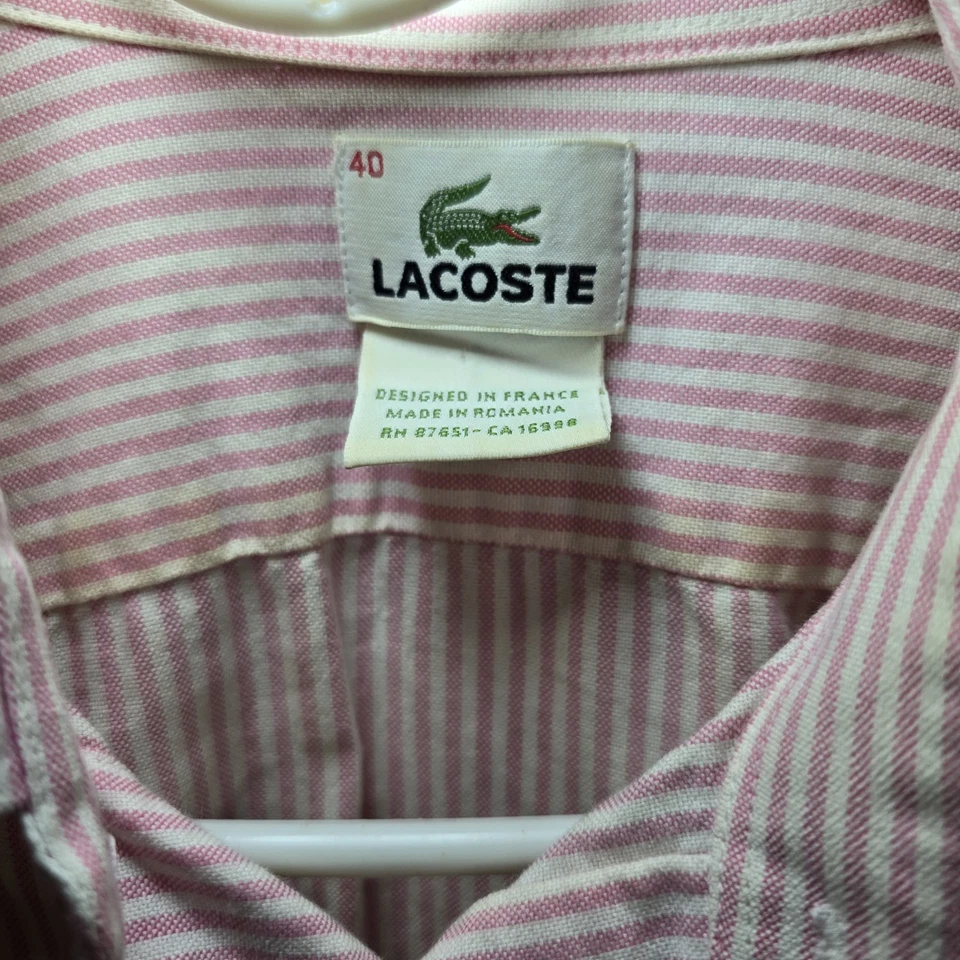 Hombre Lacoste Oxford Rosa Blanco Vestido Camisa Talla 40 100% Algodón Usado Foto 3 de 4