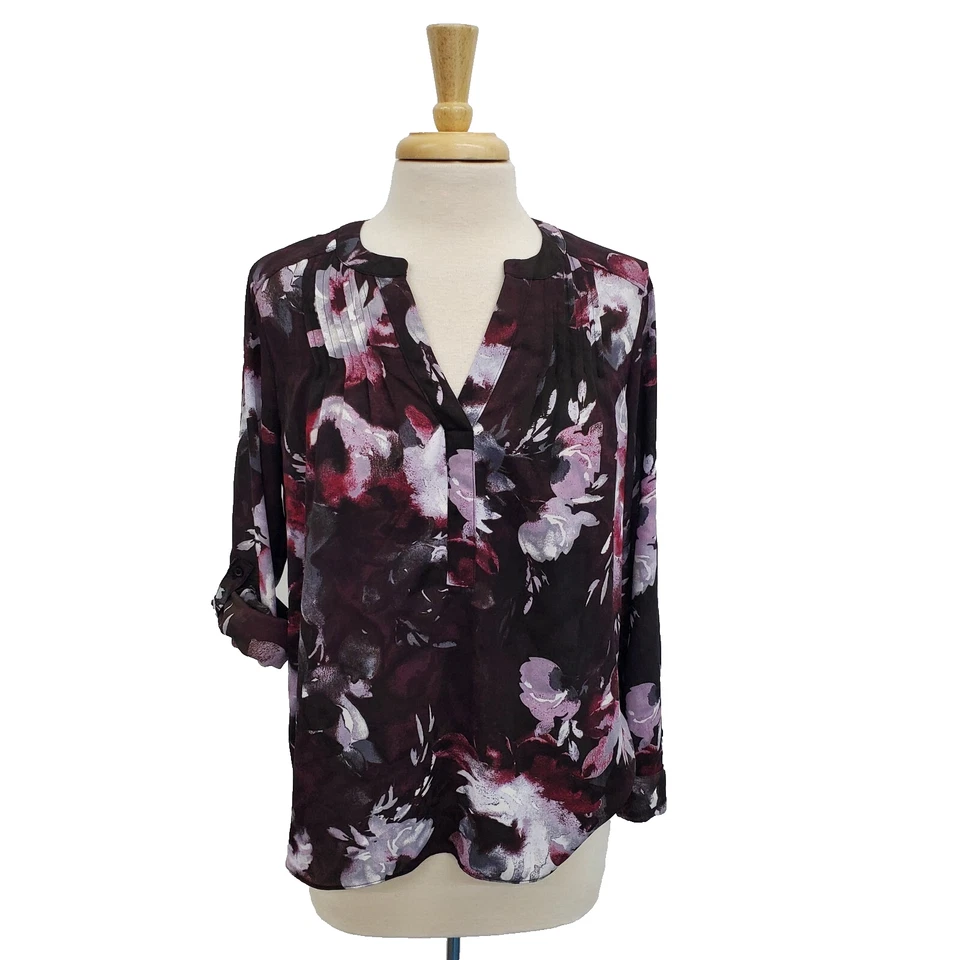 Simply Vera Vera Wang Womens PM Burgundy Floral Blouse V-Neck Long Sleeve Top - Image 3 of 4