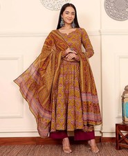 Women Designer Anarkali Mustard FloralKurta, Pants Dupatta, 3 Piece Salwar Top