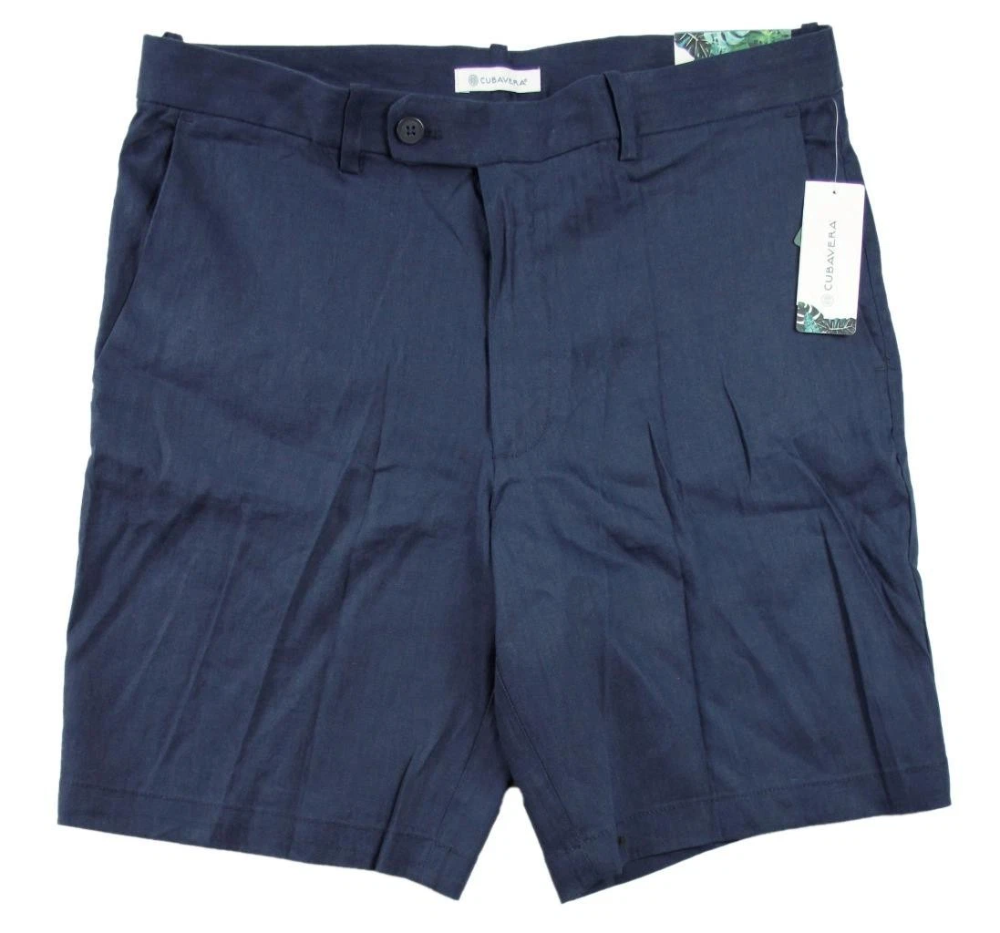 Cubavera Mens Linen Blend Shorts 36 Flat Front Zip Fly Stretch Casual Blue NEW