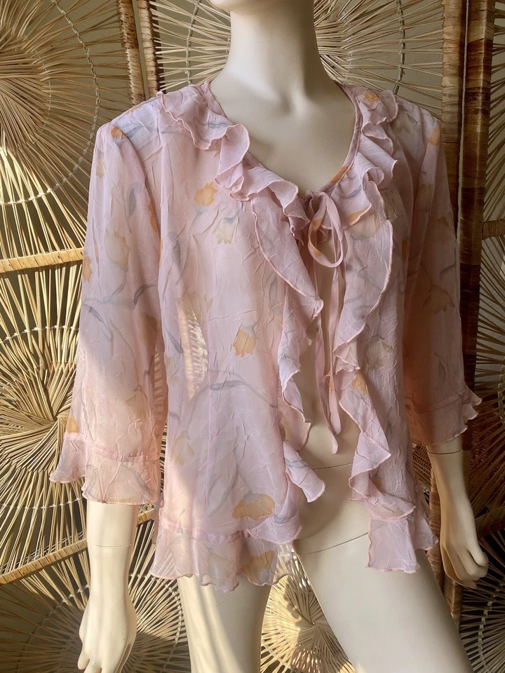 Blusa "Dior" Rosa Transparente Floral Volantes Corbata Para Mujer Manga 3/4 Talla 44 Foto 4 de 4