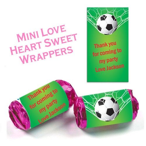 PERSONALISED FOOTBALL MINI LOVE HEART WRAPPERS STICKERS CHILDRENS PARTY FAVOURS - 第 1/1 張圖片
