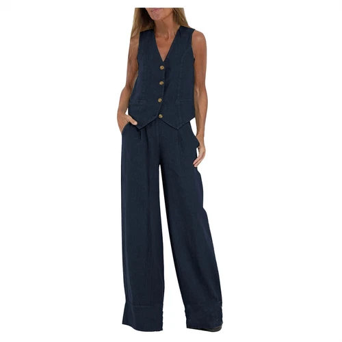 Women's 2 Piece Outfit, Sleeveless, Button Up Vest, Long Pants, Linen Set - Picture 8 of 13