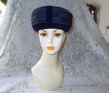 Vtg Deluxe Velour Navy Blue Pillbox Hat W/Pleats  Bow Christine Original 22"