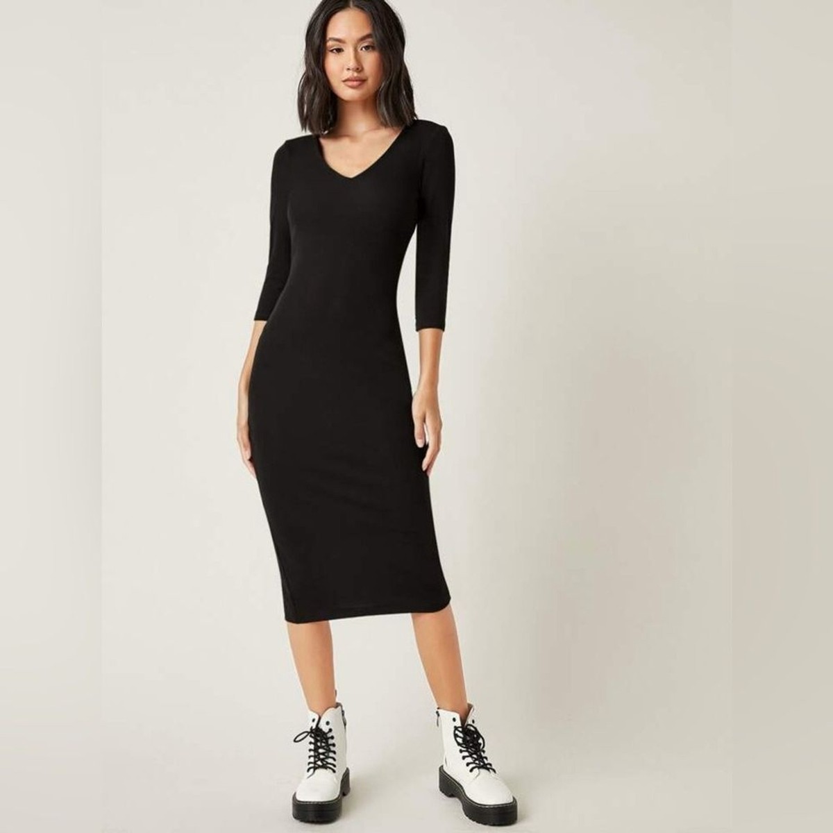 black bodycon midi dress 3/4 sleeve BOGURST Church Dress 3/4 Sleeve Dresses for Curvy Women Bodycon Formal Work Midi  Dress Black M at Amazon Women's Clothing store