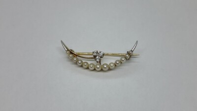 Vintage 14k Gold Old Mine Diamonds & Pearls Crescent Moon Pin Brooch. Victorian 