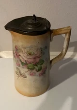 Antique Porcelain Jug/Pitcher w/Pewter Top w/Transferware Flowers from Scotland