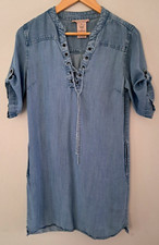 Philosophy Blue Tencel Shirt Dress Sz S Lace Up Roll Tab Short Sleeves Pockets