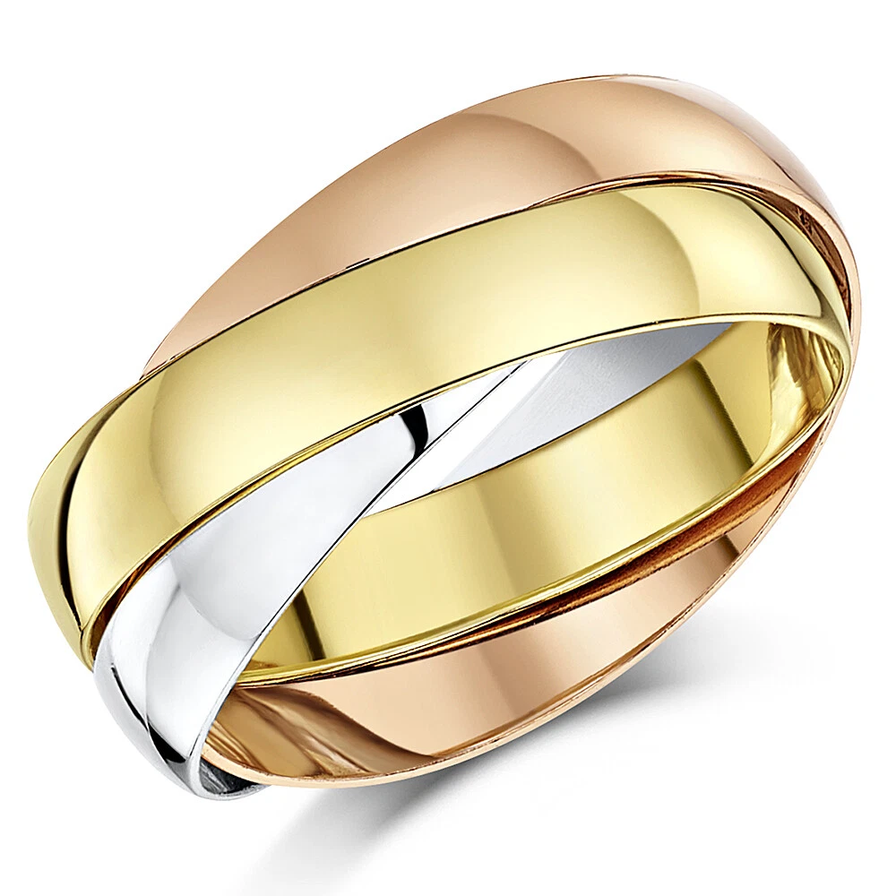 9ct Ruso Alianza Multitono 3 Color Amarillo, Blanco & Oro Rosa Banda 4mm