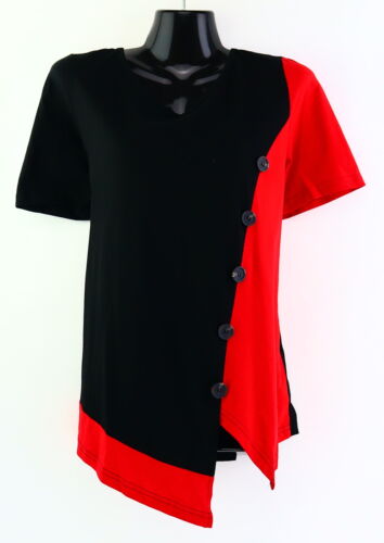 T-Shirt mit V-Ausschnitt Gr. 38 Schwarz/Rot Damen Kurzarmshirt Bluse Neu - Bild 1 von 1