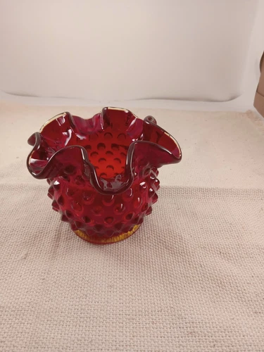 Fenton Art Glass Red Hobnail Ruffled Vase 3" Tall