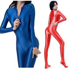 AMORESY Women's Jumpsuit One Piece Oil Shiny Front Zipper Bodysuit Yoga Overalls