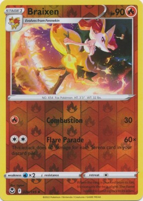 ブレスラチェイン Reverse Holo Braixen 026/195 Uncommon Silver Tempest Pokemon