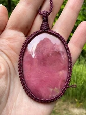 Huge Rhodonite Pendant Necklace Artisan Handcrafted Macrame