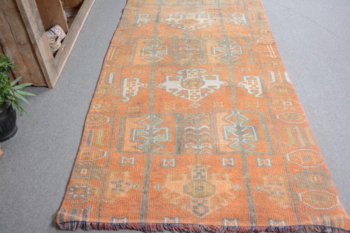 Turkish Vintage Herki Runner Rug 3,9x10 ft, Orange Rug Wool