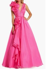 mac duggal Ruffle Shoulder V-Neck Chiffon Gown Hot Pink Size 16 NWOT