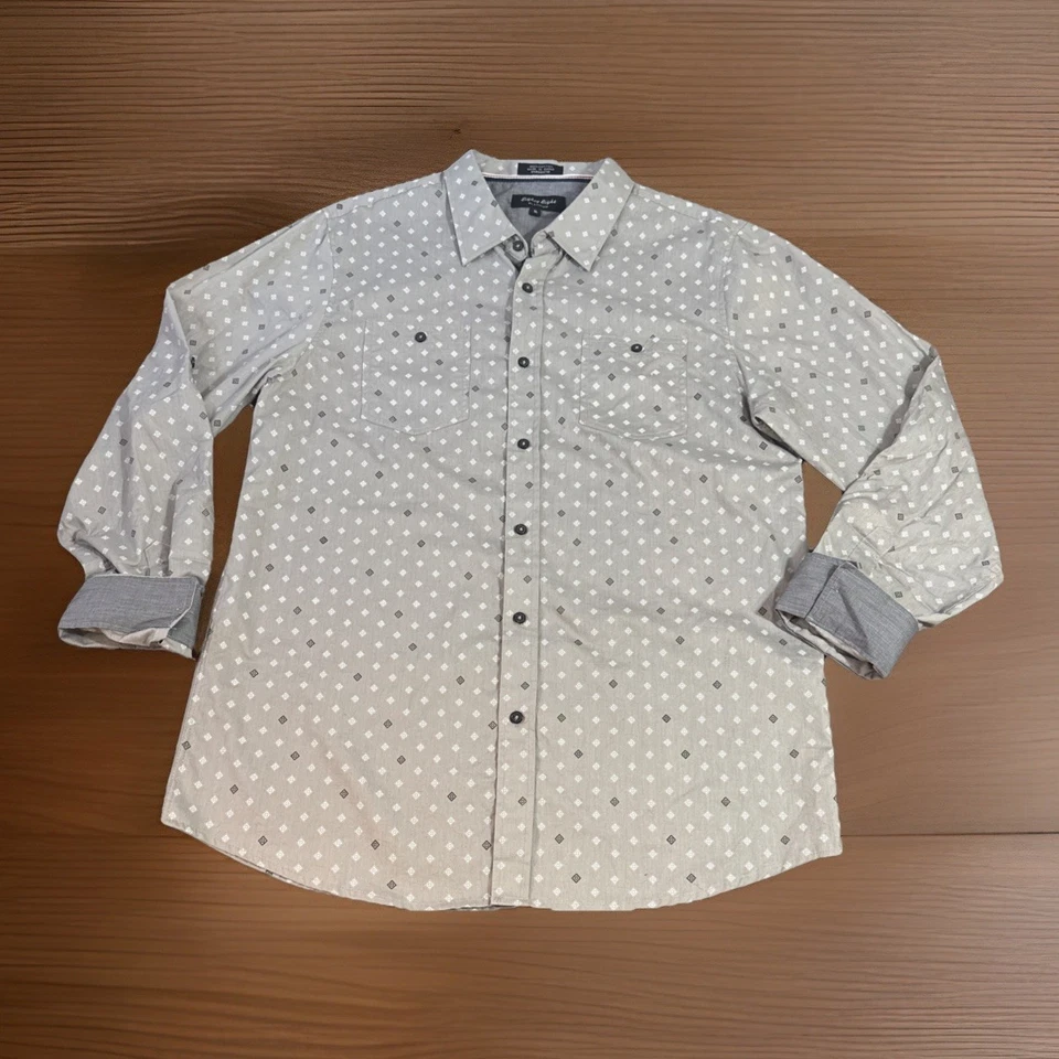 Geometric Print Gray Long Sleeve Button Up Collared Shirt Dad Office Business - Image 3 of 4