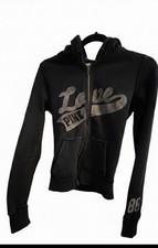 Victoria's Secret PINK Black Full Zip Hoodie Women's M Logo Love Graphic Pockets