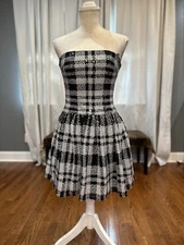 Sho Black And White Plaid Sequin Strapless Fit And Flare Dress 