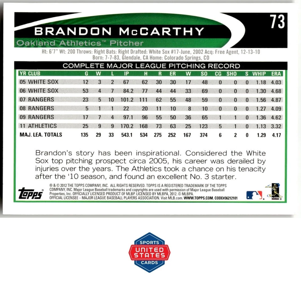 2012 Topps #73 Brandon McCarthy Gold Sparkle - Image 2 of 2