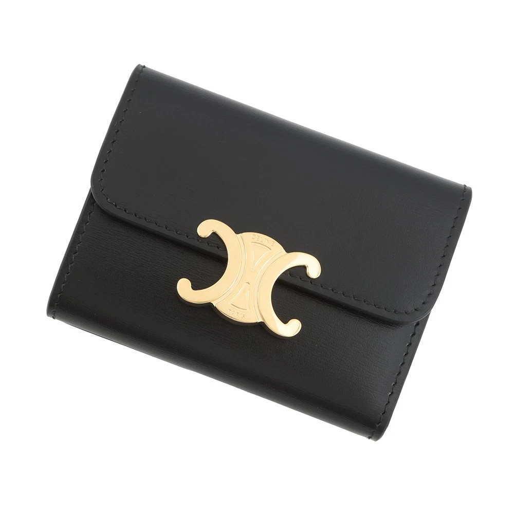 Celine — CELINE Triomphe Compact Wallet with Coin Compartment Shiny Calf Leather Blac...