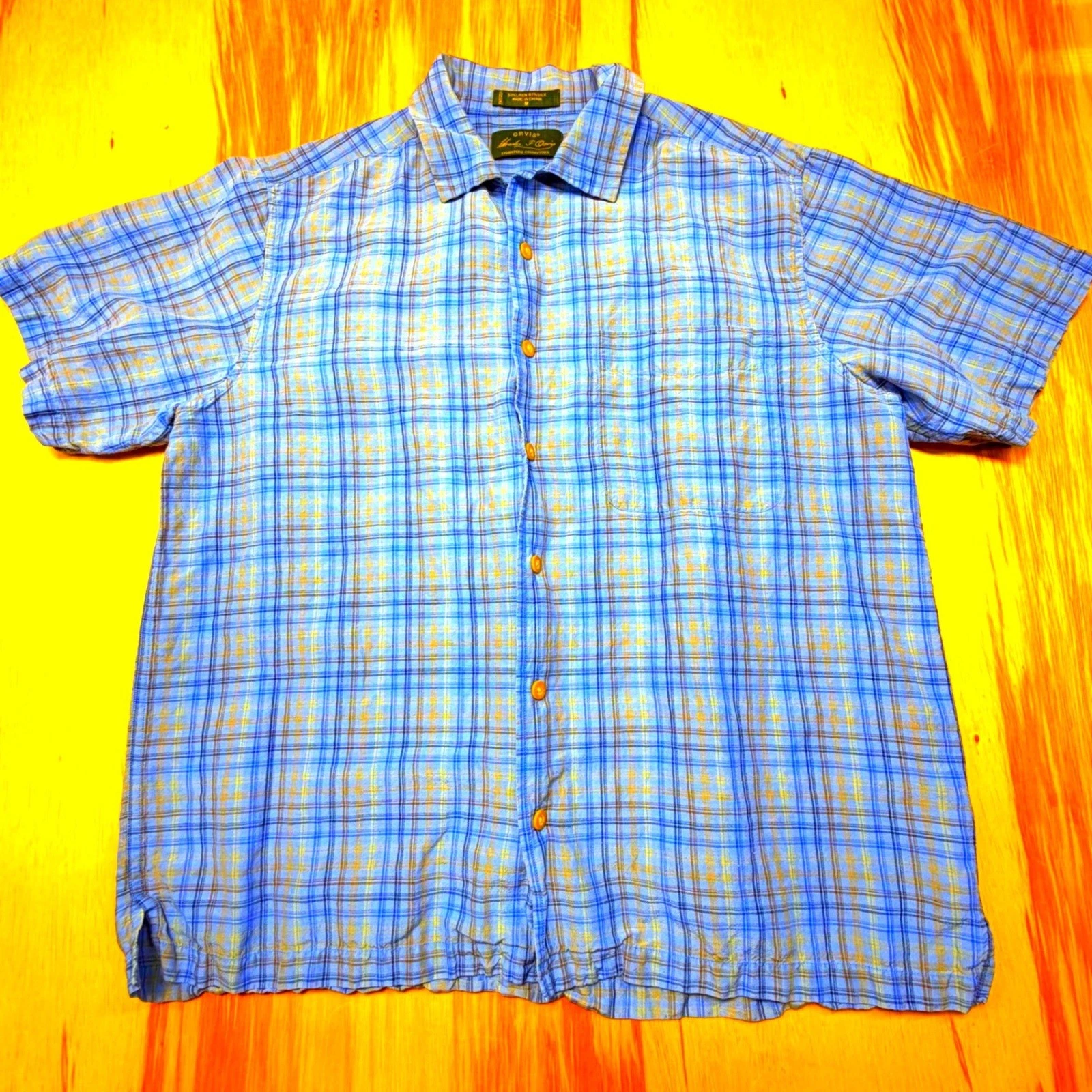 Orvis Signature Collection Linen–Silk Plaid Button-Down Shirt M Blue