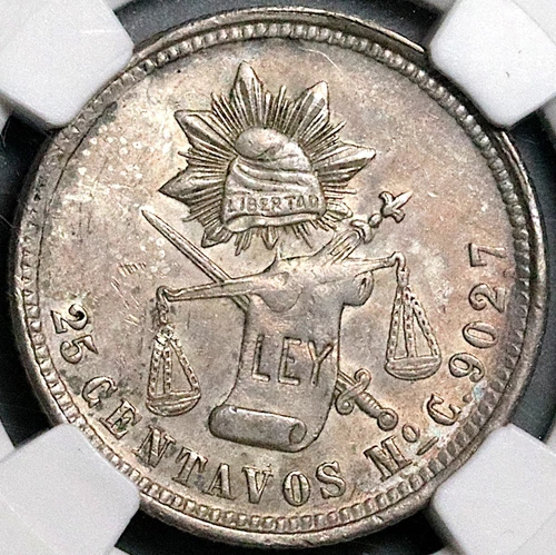 1869-Mo NGC AU 58 Mexico 25 Centavos Balance Scale 76k Coin POP 1/5 (24051302C)