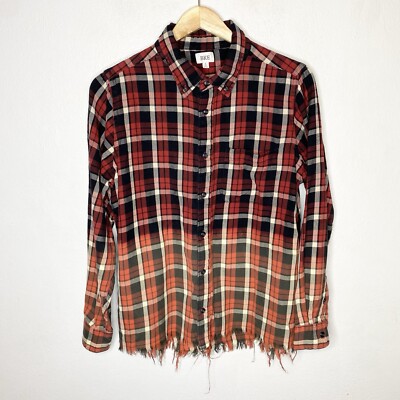 BKE Buckle Red Orange Button Down Plaid Ombré Fade Shirt Raw Hem Men s Small