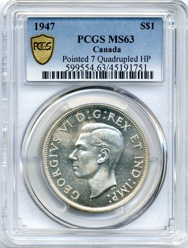 1947 Canada Silver Dollar, Pointed 7, Quadrupled HP - Choice UNC, PCGS MS 63