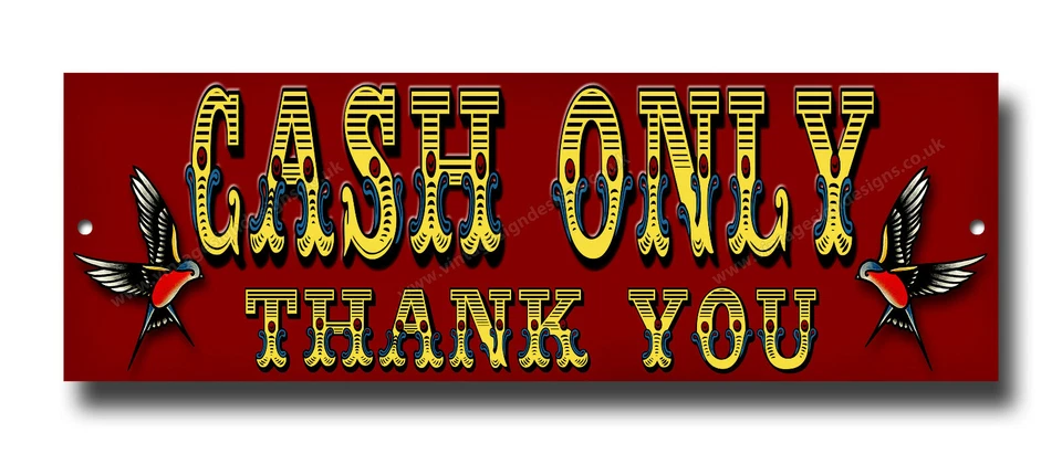 CHAPTER-EIGHT CASH ONLY METAL SIGN. 12" x 4" TATTOO STUDIO / PARLOUR CASH ONLY SIGN.GET INKED.